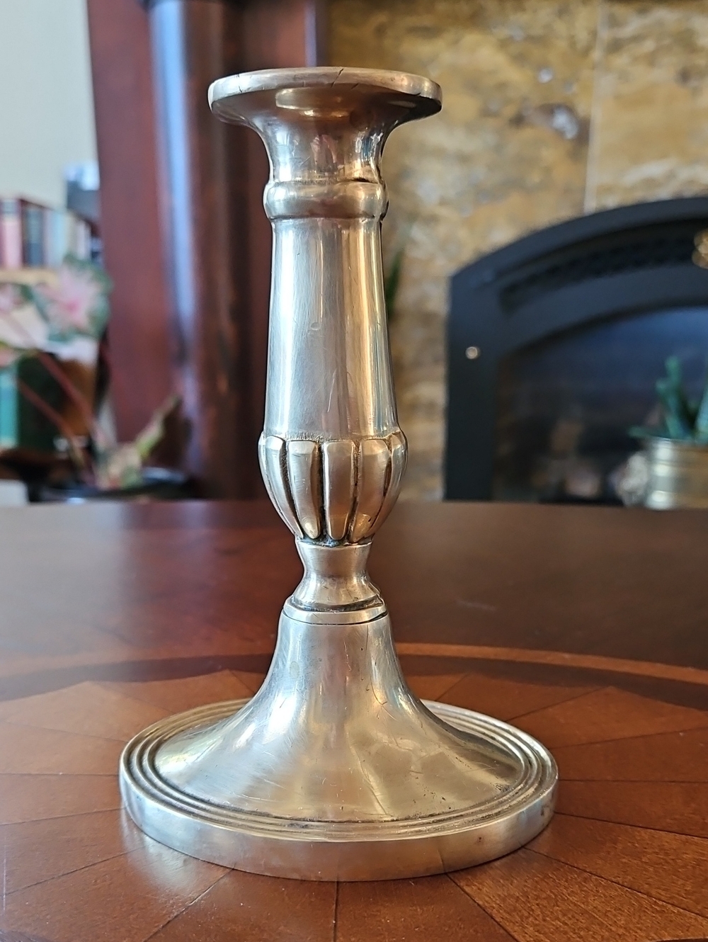 English Brass Candlestick Ribbed Baluster Stem Solid Heavy Beautiful VTG Patina